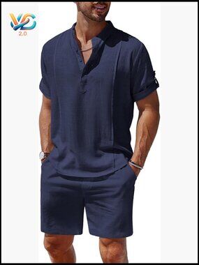 Men's 2 Piece Linen Set Henley Shirt and Shorts Summer Outfit
